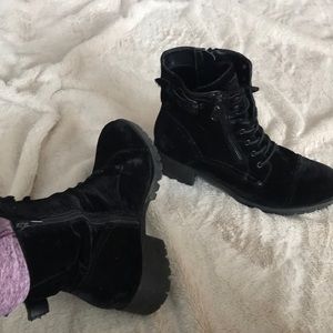 Black velvet ankle high combat boots